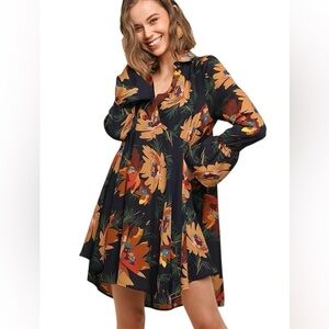Umgee Dark Floral Faux Wrap Tunic Mini Dress V-Neck Flounce Sleeve (Size 1XL)